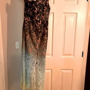 Elliot green maxi dress one shoulder, high slit.